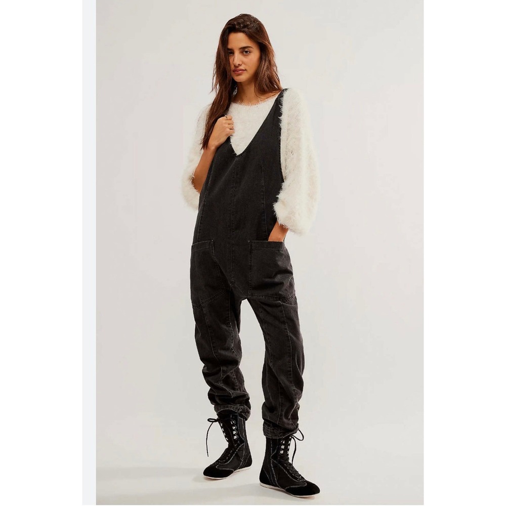 We The Free Free People Washed Black Denim V-Neck Cargo Jumpsuit Overalls Large